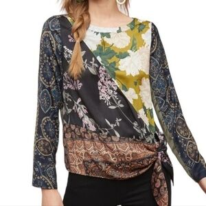 Tiny Anthropolgie Patchwork Blooms Tie Front Blouse